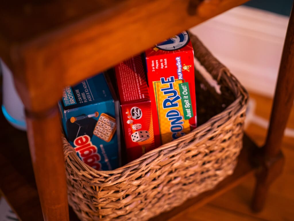 Candy basket filled with colorful treats sitting on a shelf, ready for kids in a family-friendly Cleveland vacation rental.