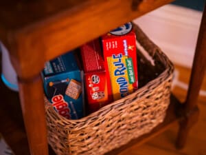 Candy Basket for Kids in Vacation Rental Candy basket filled with colorful treats sitting on a shelf, ready for kids in a family-friendly Cleveland vacation rental.