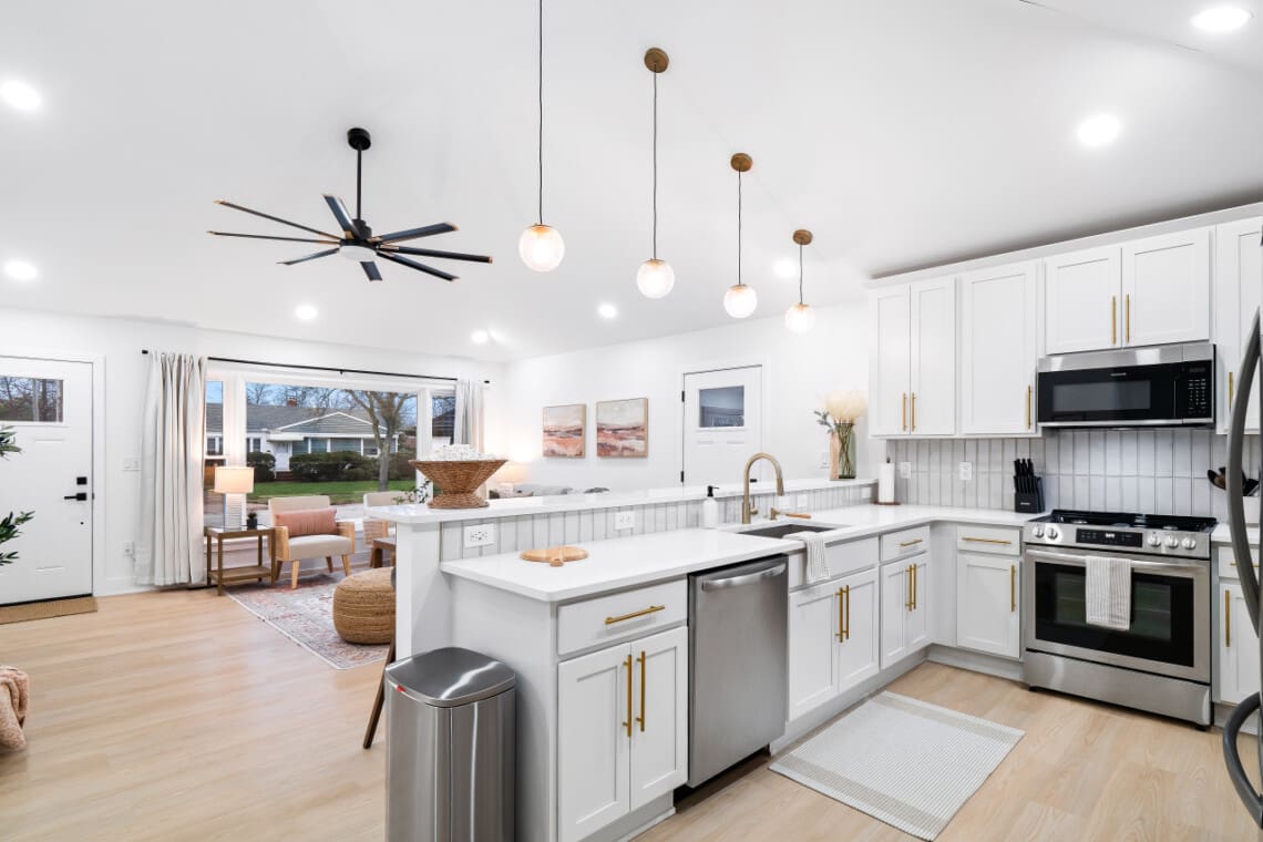 Modern, spacious kitchen with great lighting and ample counter space