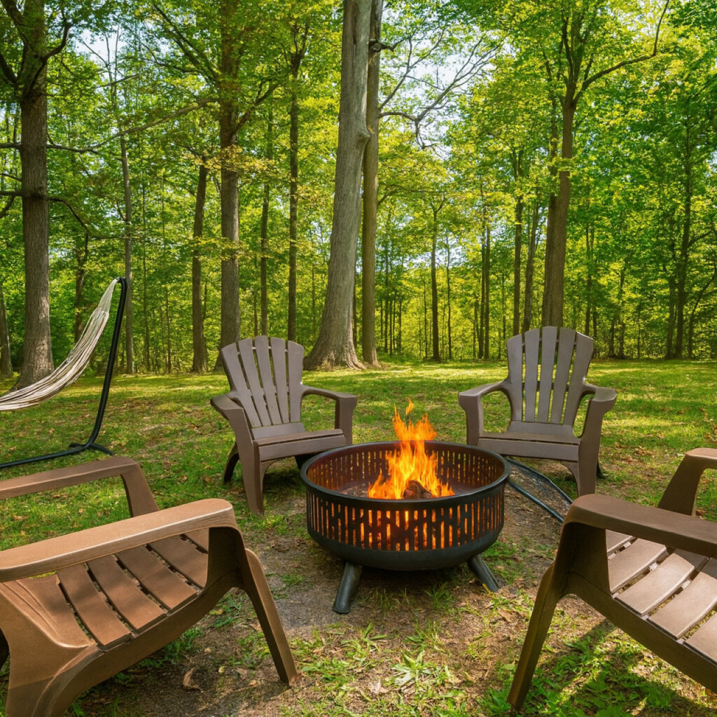 Romantic woodland campfire with chairs arranged around a glowing fire in an Ohio forest setting.