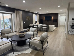 Modern short-term rental living and dining area with vaulted ceilings and open-concept design