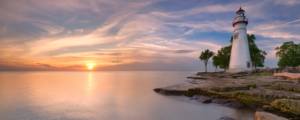 Lake Erie Lighthouse Sunset Near Northeast Ohio Vacation Rentals Lake Erie lighthouse sunset near Port Clinton and Sandusky vacation rental destinations