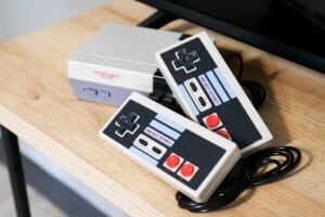 Classic Nintendo for Family-Friendly Entertainment Classic Nintendo console and controllers in a short-term rental